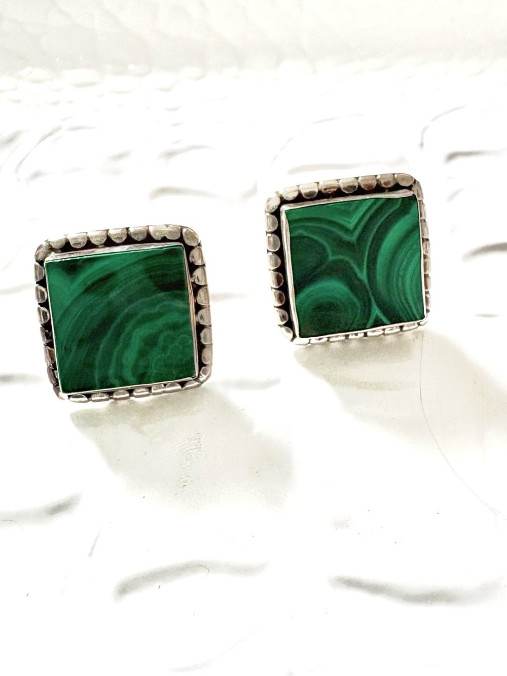 Russian 875 Sterling Silver Green Malachite Square Stud Earrings